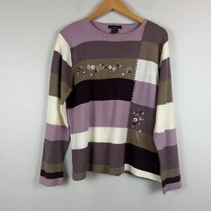 T & Company Sweater Women L Multi Colorblock Floral Embroidered Cottagecore Cute